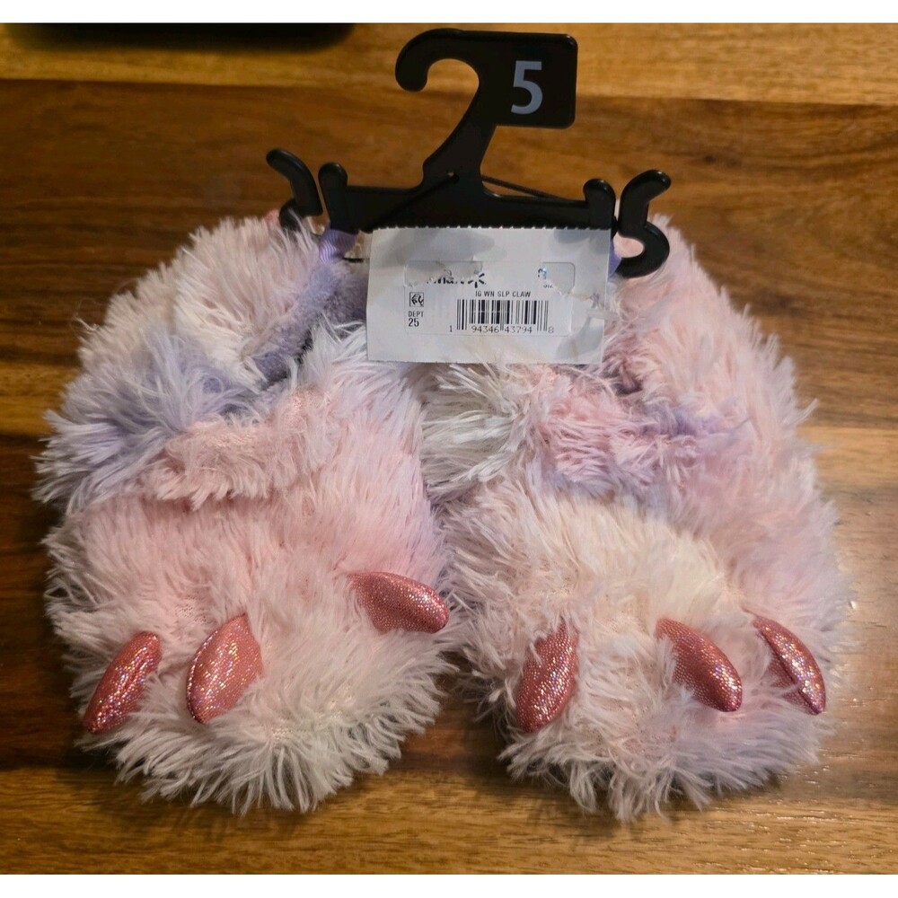 Wonder Nation Girls Monster Claw Faux Fur Glitter Slippers Pink Purple Sz 5